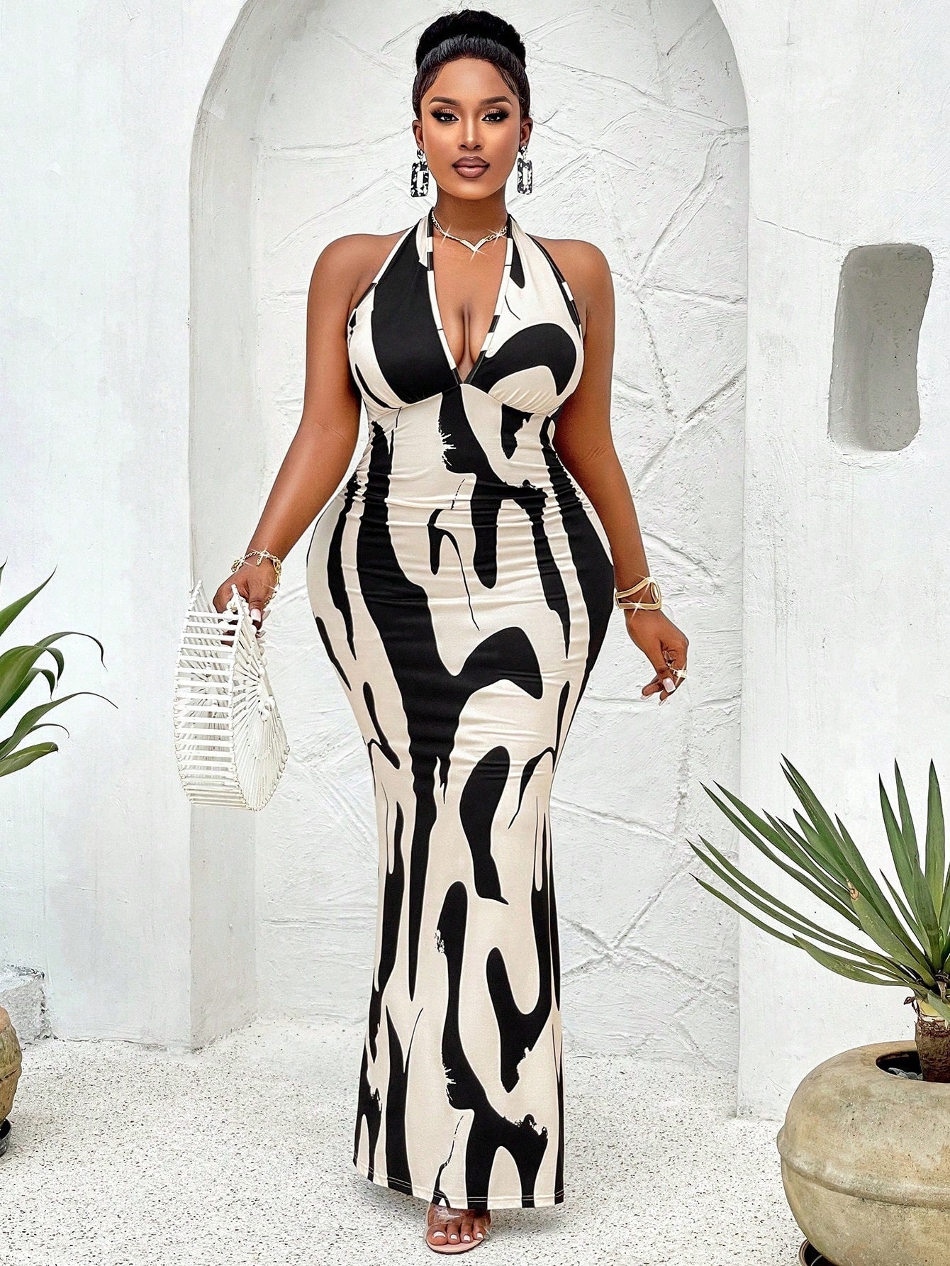 Plus Size Women Spring Summer Sexy Halter Cows Pattern Dress V neck Backless Dress - TayDiane