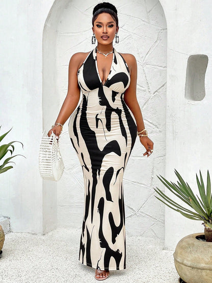 Plus Size Women Spring Summer Sexy Halter Cows Pattern Dress V neck Backless Dress - TayDiane