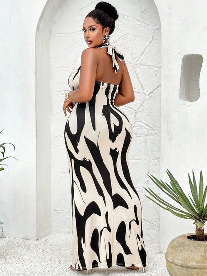 Plus Size Women Spring Summer Sexy Halter Cows Pattern Dress V neck Backless Dress - TayDiane