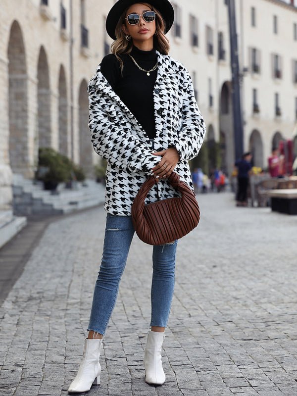 Plush Long Sleeve Houndstooth Jacket - TayDiane