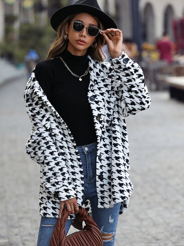 Plush Long Sleeve Houndstooth Jacket - TayDiane