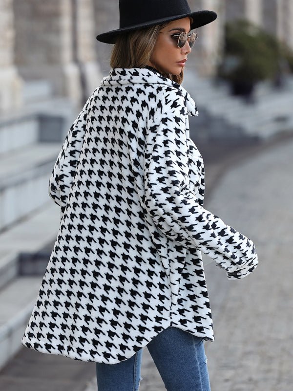 Plush Long Sleeve Houndstooth Jacket - TayDiane