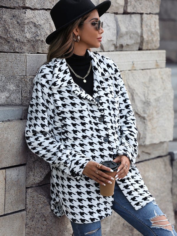 Plush Long Sleeve Houndstooth Jacket - TayDiane