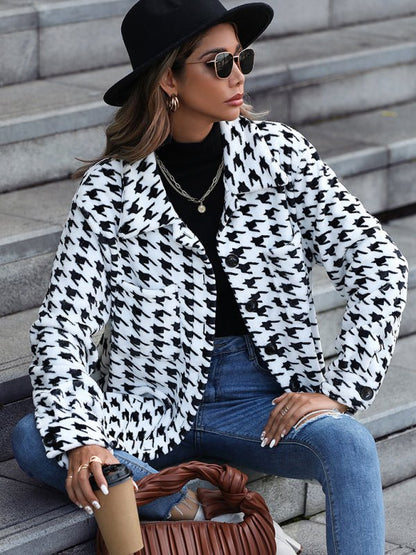 Plush Long Sleeve Houndstooth Jacket - TayDiane