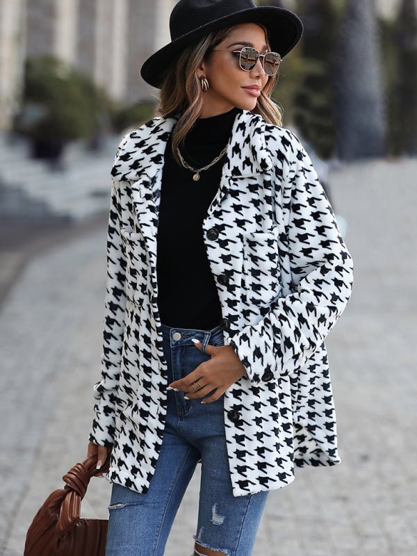 Plush Long Sleeve Houndstooth Jacket - TayDiane