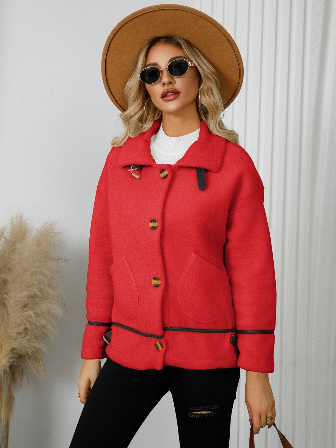 Pocketed Button Down Collared Neck Jacket - TayDiane