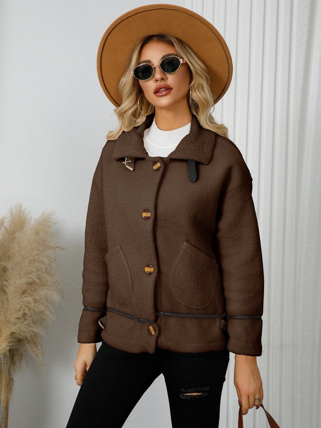 Pocketed Button Down Collared Neck Jacket - TayDiane