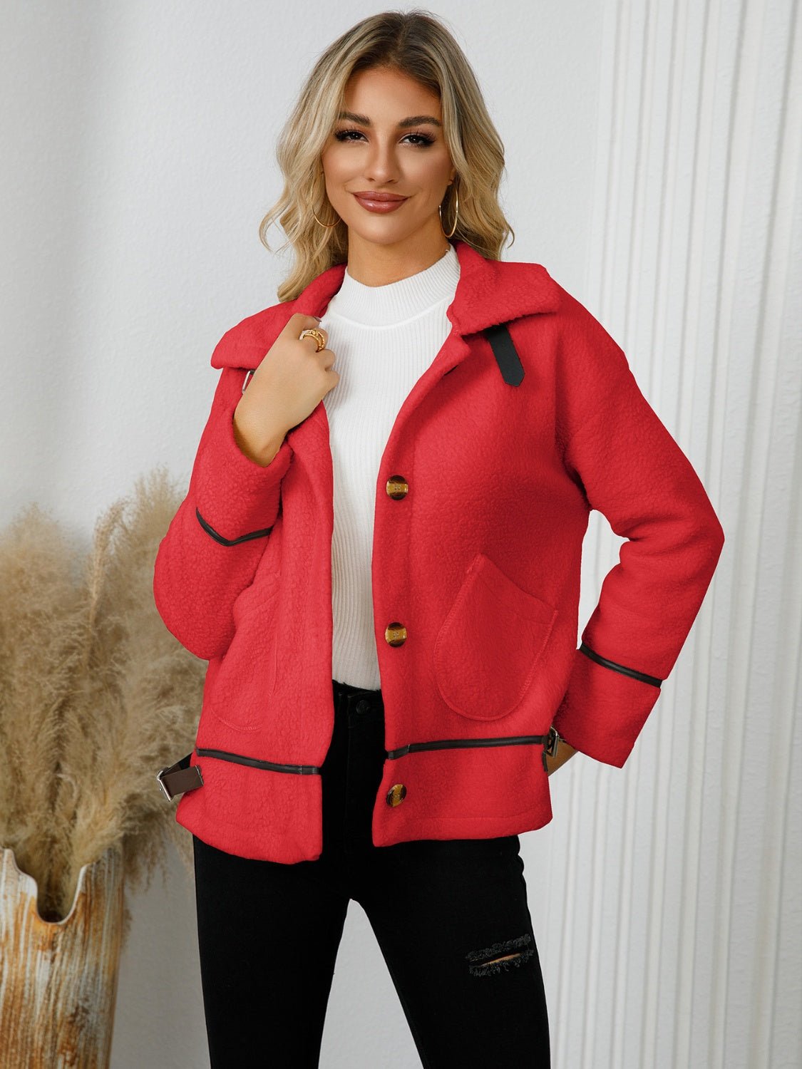 Pocketed Button Down Collared Neck Jacket - TayDiane