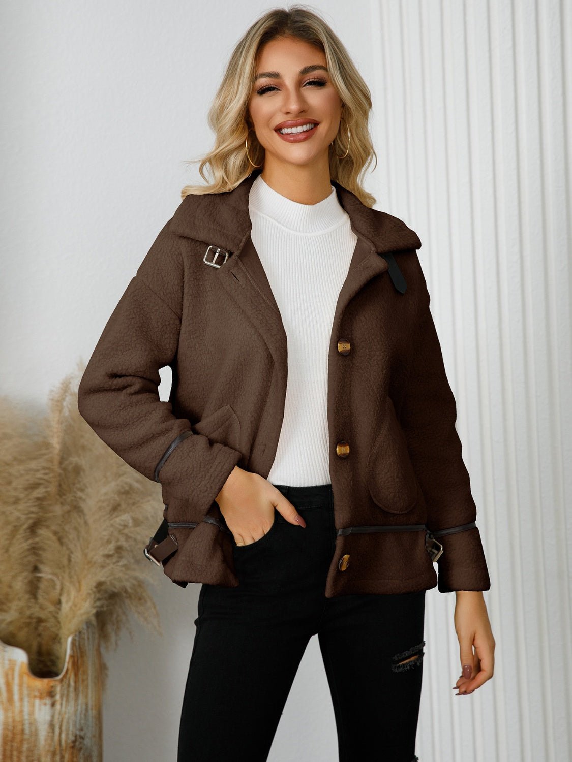 Pocketed Button Down Collared Neck Jacket - TayDiane