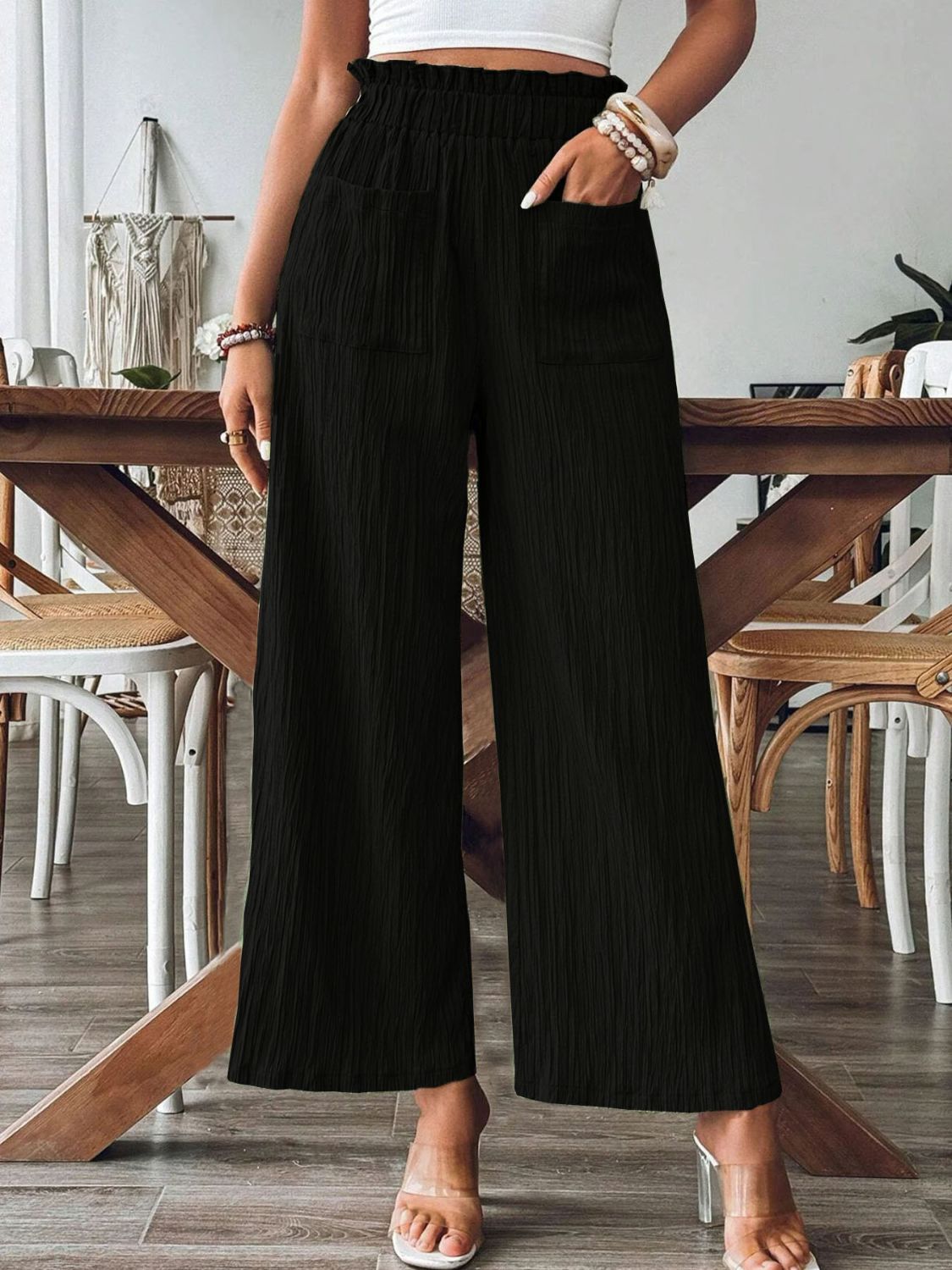 Pocketed Elastic Waist Wide Leg Pants - TayDiane