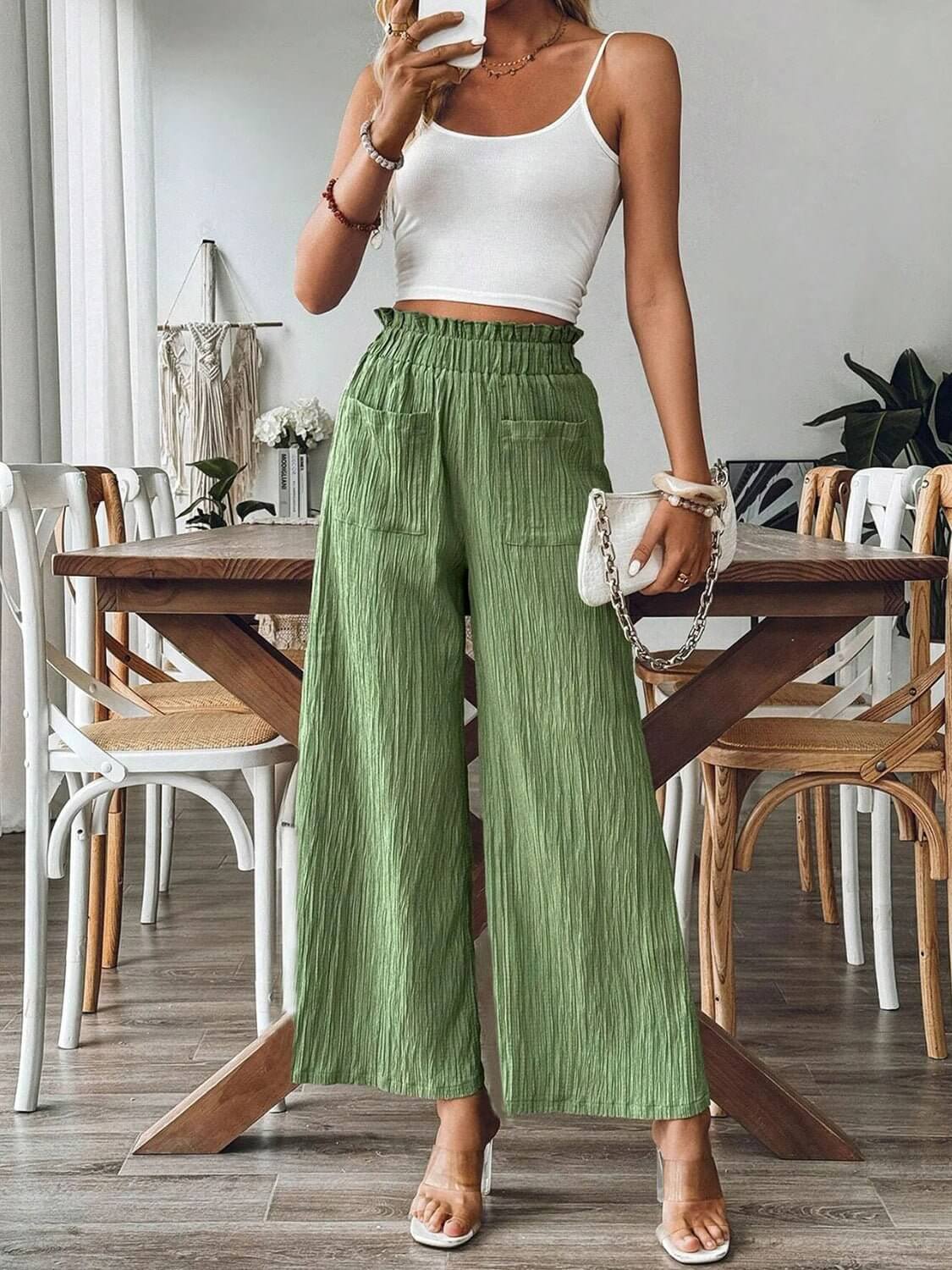 Pocketed Elastic Waist Wide Leg Pants - TayDiane