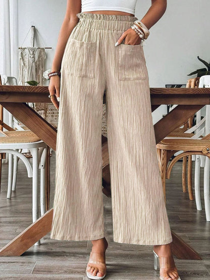 Pocketed Elastic Waist Wide Leg Pants - TayDiane