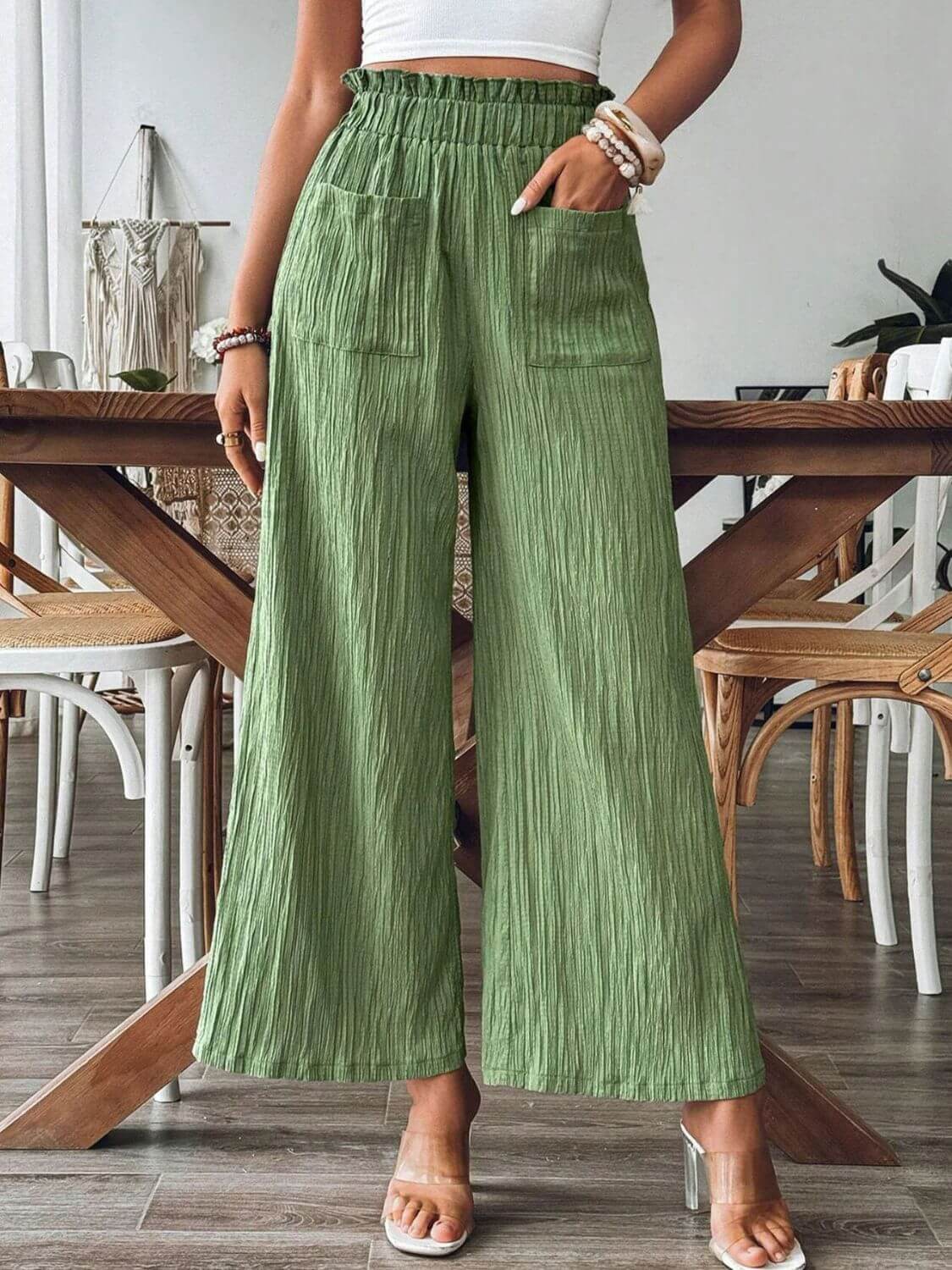 Pocketed Elastic Waist Wide Leg Pants - TayDiane