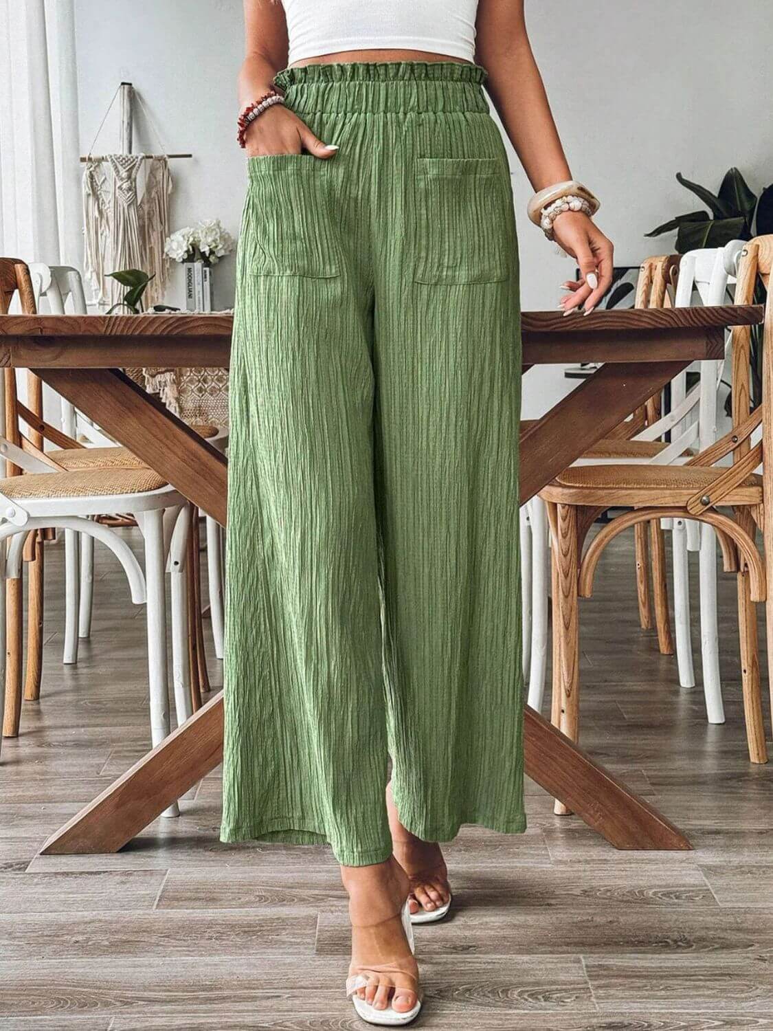 Pocketed Elastic Waist Wide Leg Pants - TayDiane