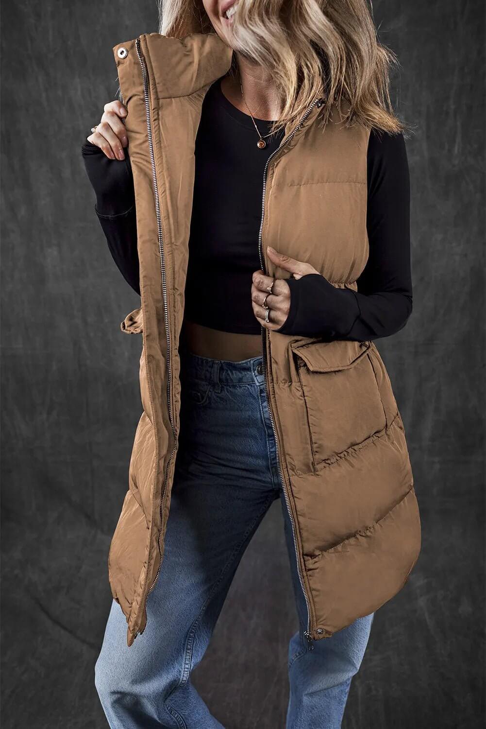 Pocketed Zip Up Vest Coat - TayDiane