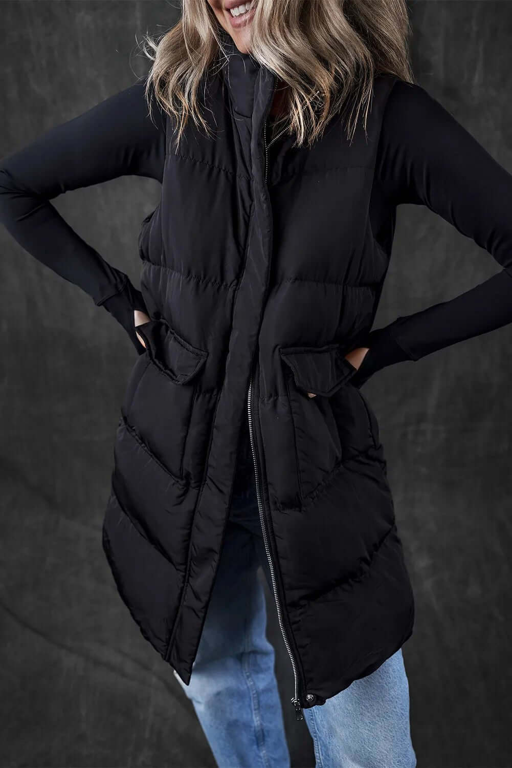 Pocketed Zip Up Vest Coat - TayDiane