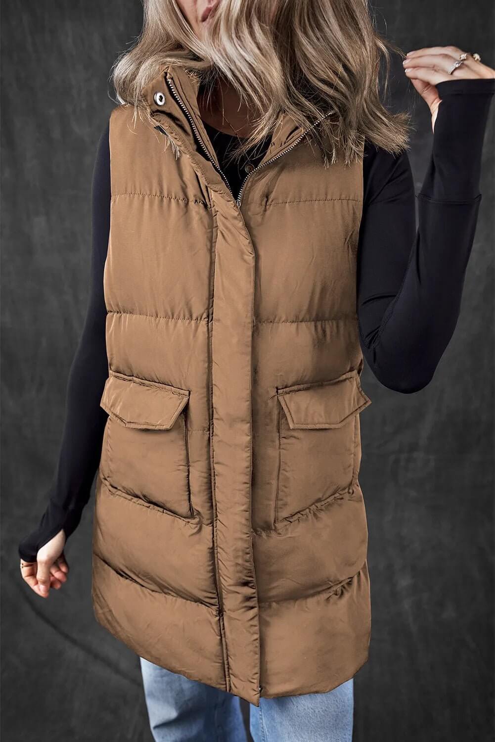 Pocketed Zip Up Vest Coat - TayDiane