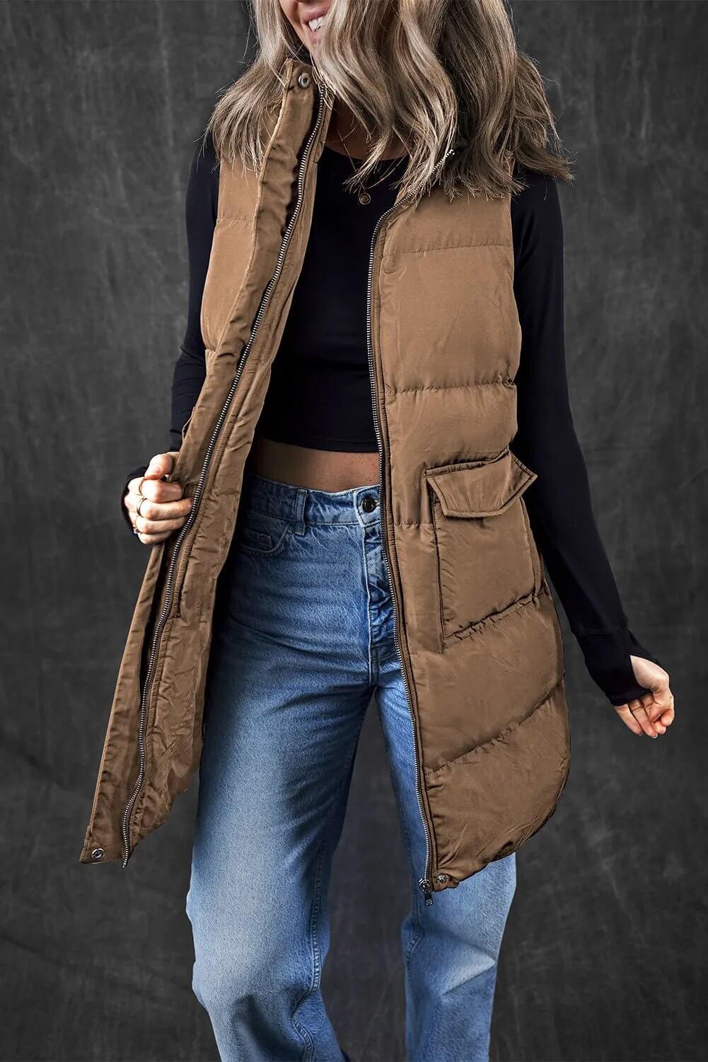 Pocketed Zip Up Vest Coat - TayDiane