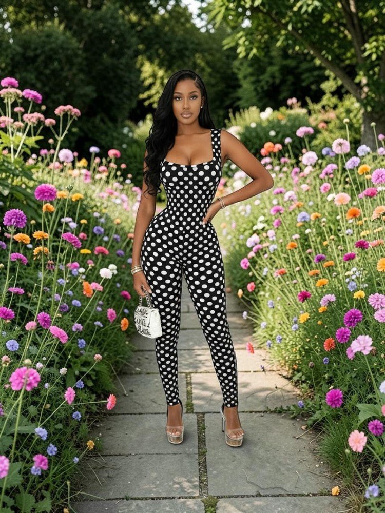 Polka Dot Backless Ruched Bodycon Jumpsuit - Taydiane