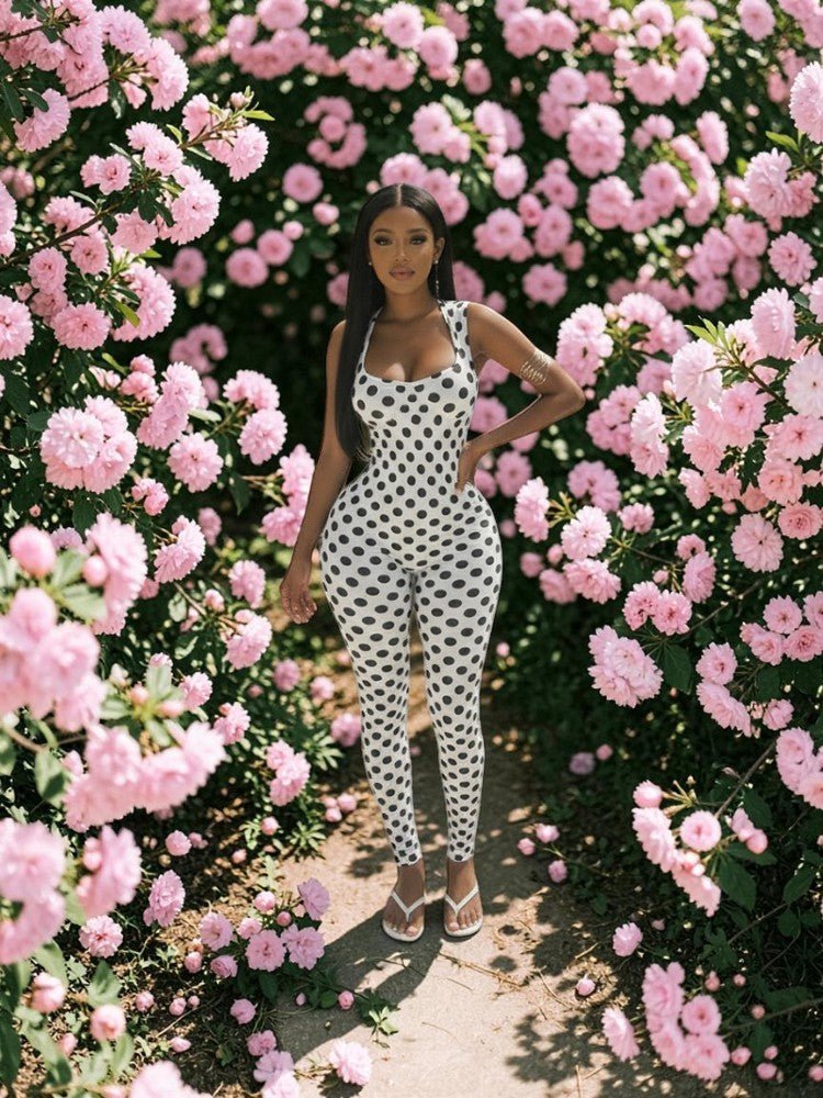 Polka Dot Backless Ruched Bodycon Jumpsuit - Taydiane