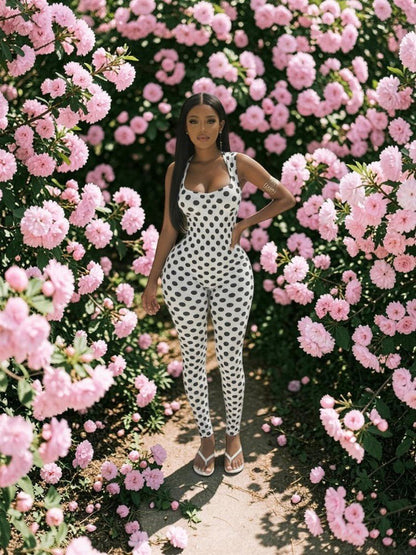 Polka Dot Backless Ruched Bodycon Jumpsuit - Taydiane