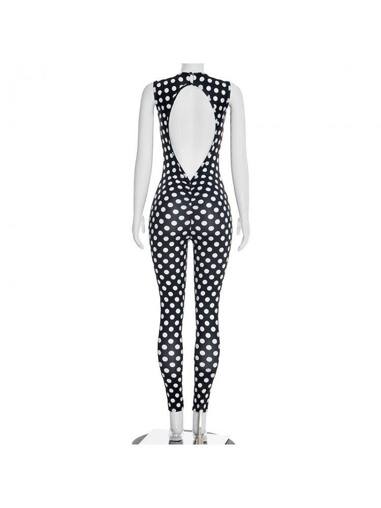 Polka Dot Backless Ruched Bodycon Jumpsuit - Taydiane