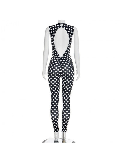 Polka Dot Backless Ruched Bodycon Jumpsuit - Taydiane