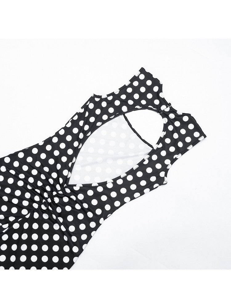 Polka Dot Backless Ruched Bodycon Jumpsuit - Taydiane