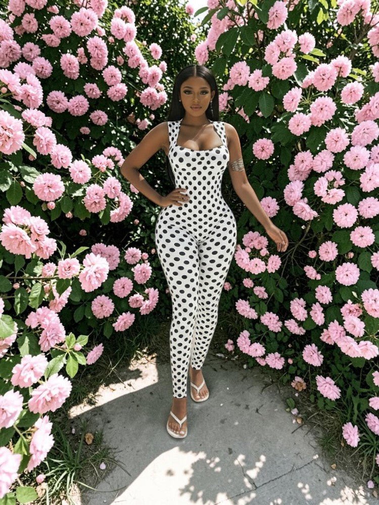 Polka Dot Backless Ruched Bodycon Jumpsuit - Taydiane