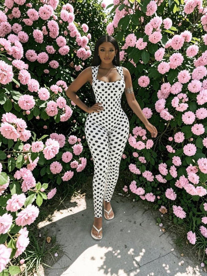 Polka Dot Backless Ruched Bodycon Jumpsuit - Taydiane