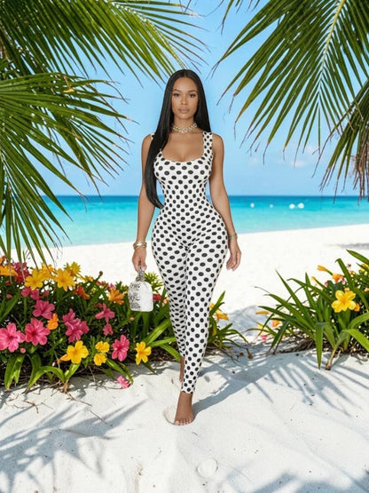 Polka Dot Backless Ruched Bodycon Jumpsuit - Taydiane