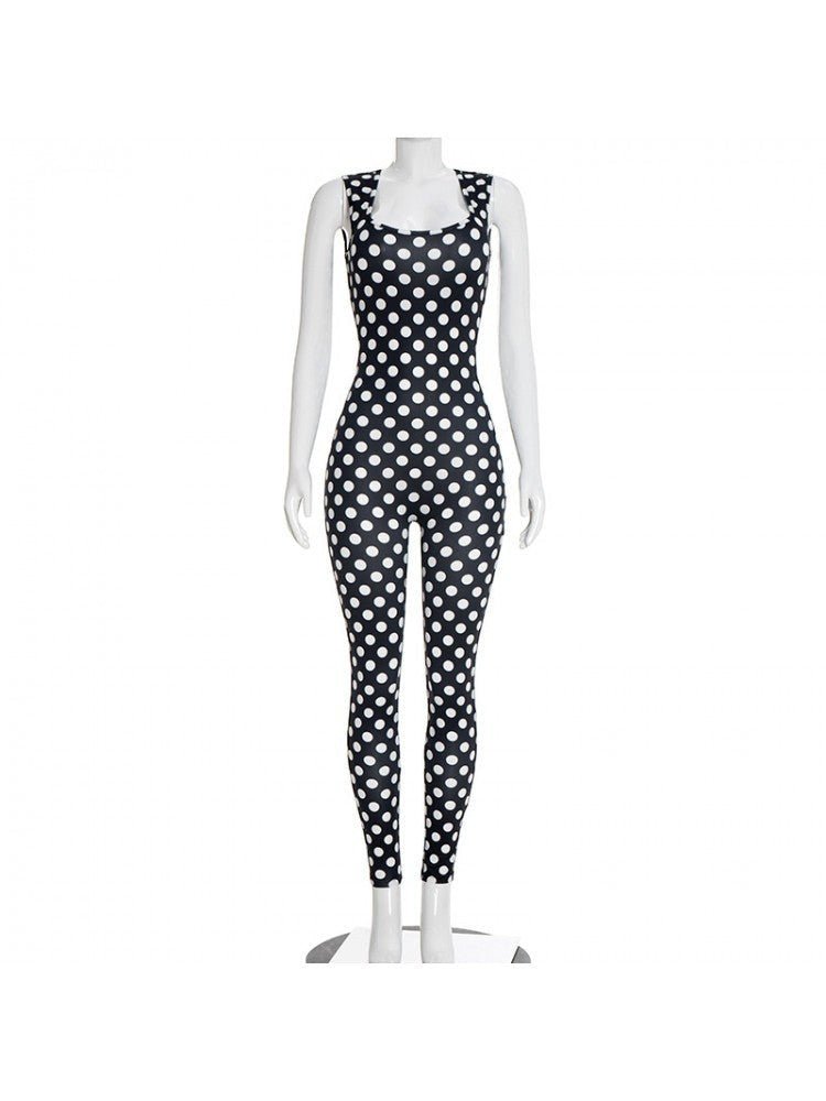 Polka Dot Backless Ruched Bodycon Jumpsuit - Taydiane