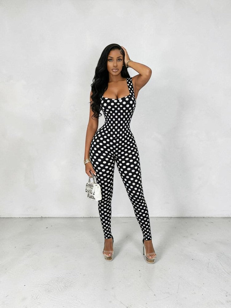 Polka Dot Backless Ruched Bodycon Jumpsuit - Taydiane