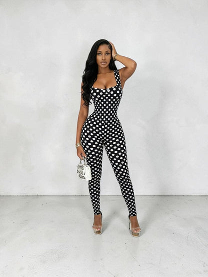 Polka Dot Backless Ruched Bodycon Jumpsuit - Taydiane