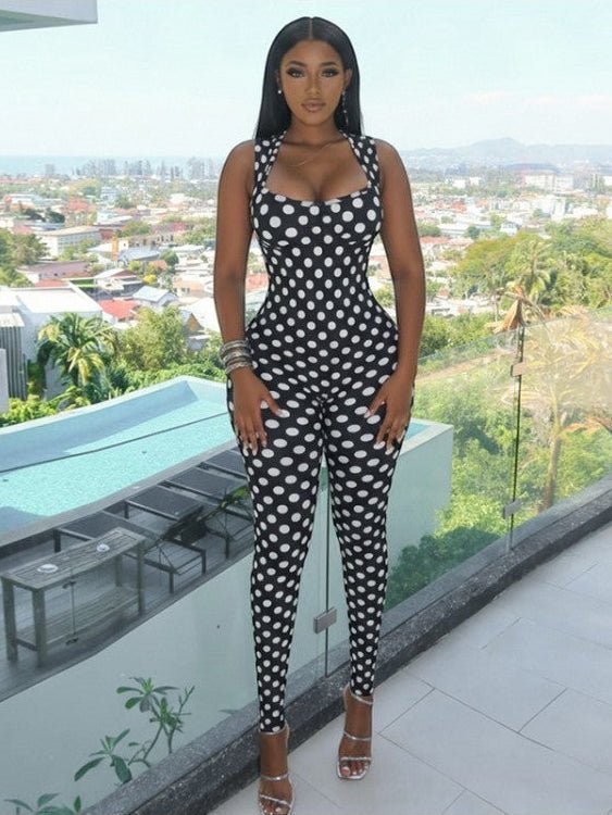 Polka Dot Backless Ruched Bodycon Jumpsuit - Taydiane