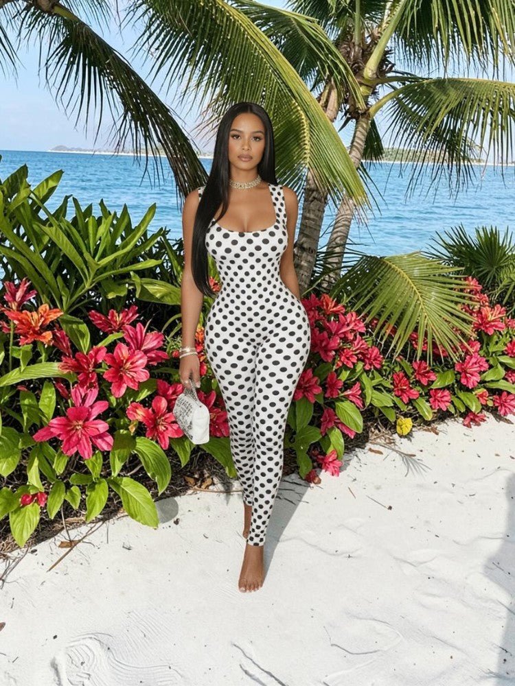 Polka Dot Backless Ruched Bodycon Jumpsuit - Taydiane
