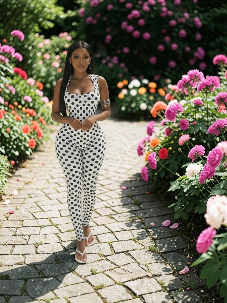 Polka Dot Backless Ruched Bodycon Jumpsuit - Taydiane