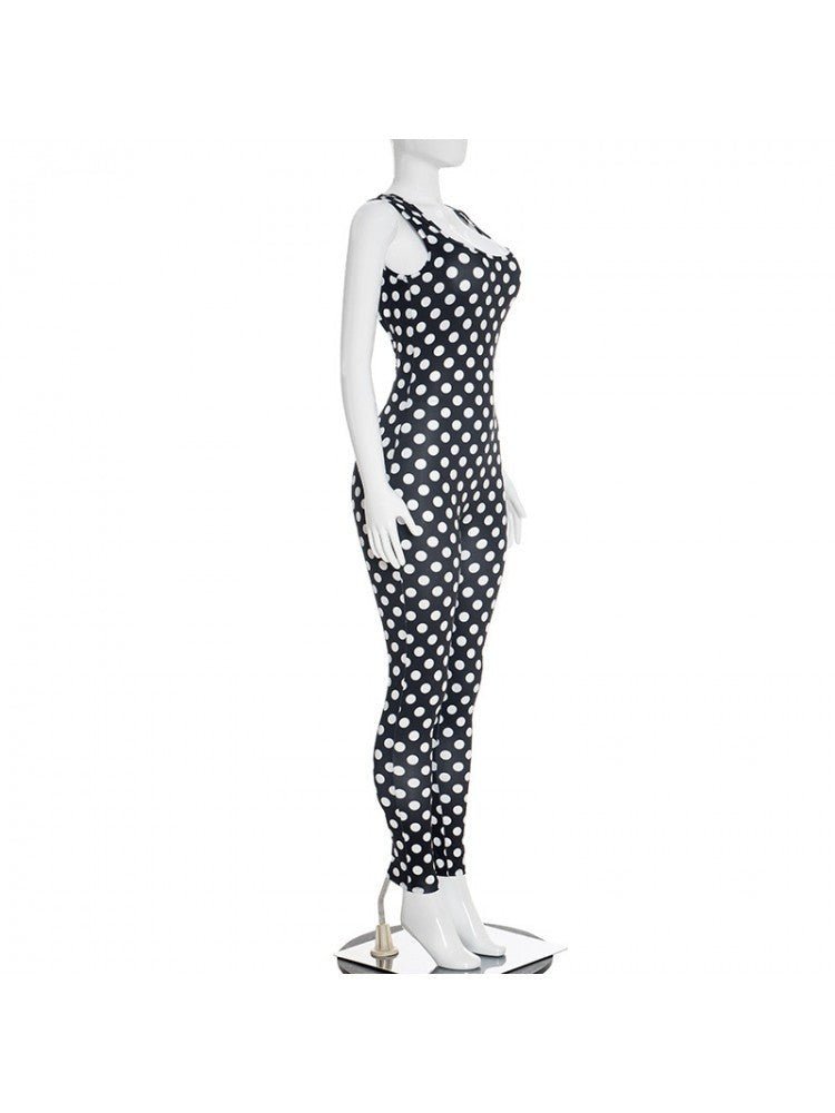 Polka Dot Backless Ruched Bodycon Jumpsuit - Taydiane