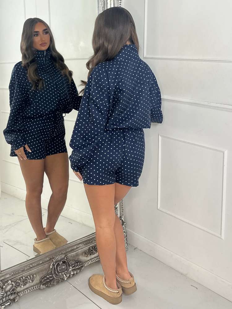 Polka Dot Zipper Jacket & Shorts Set - Taydiane