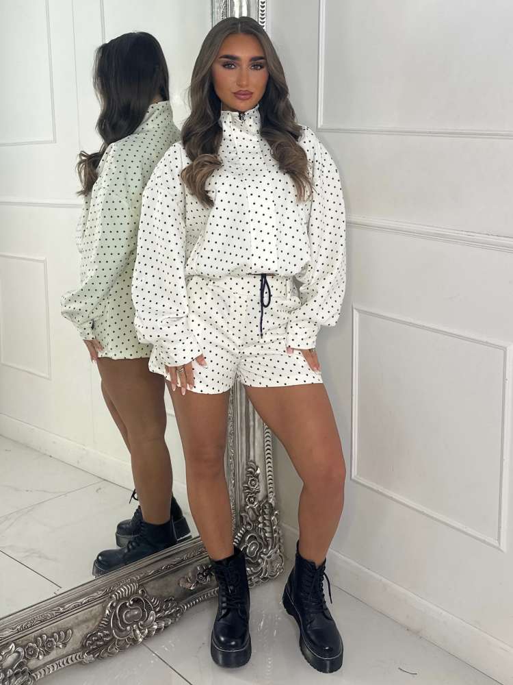 Polka Dot Zipper Jacket & Shorts Set - Taydiane