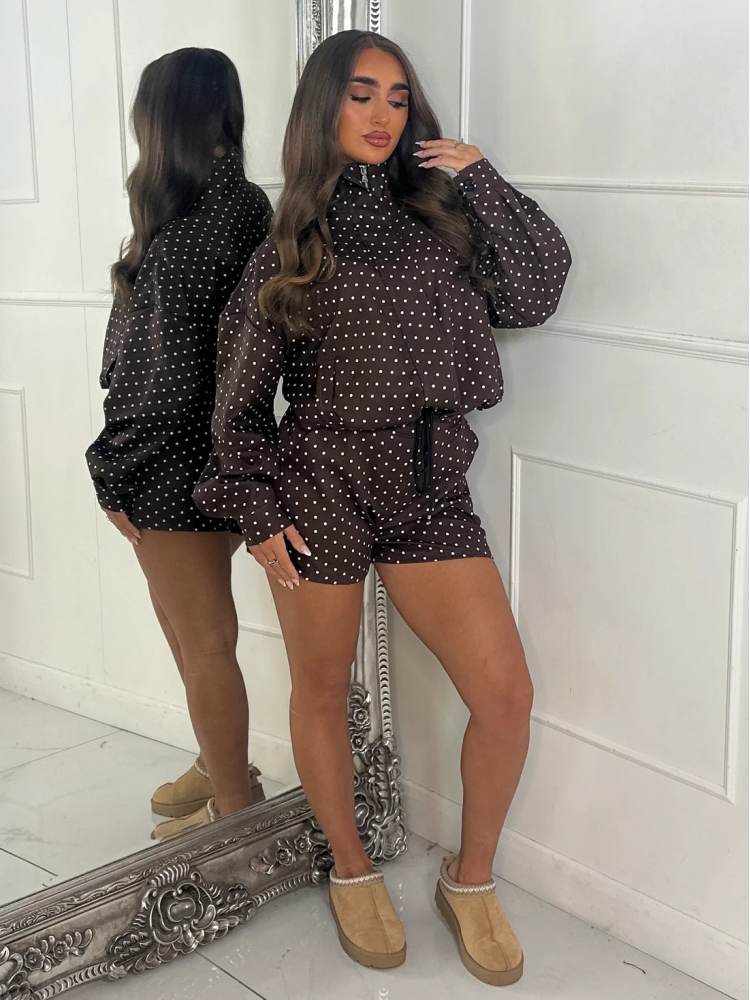 Polka Dot Zipper Jacket & Shorts Set - Taydiane