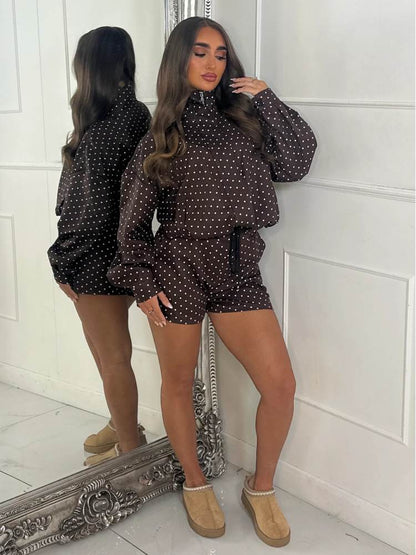 Polka Dot Zipper Jacket & Shorts Set - Taydiane