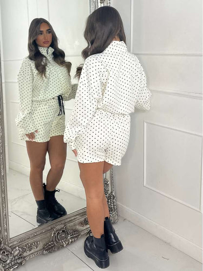 Polka Dot Zipper Jacket & Shorts Set - Taydiane