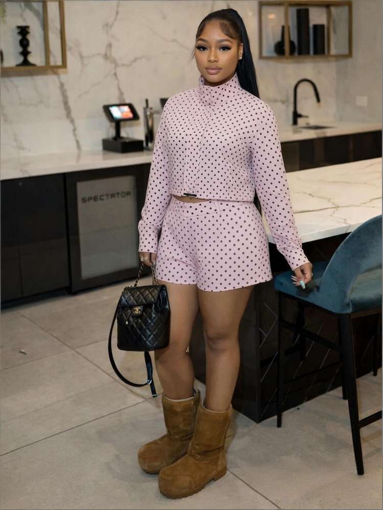 Polka Dot Zipper Jacket & Shorts Set - Taydiane