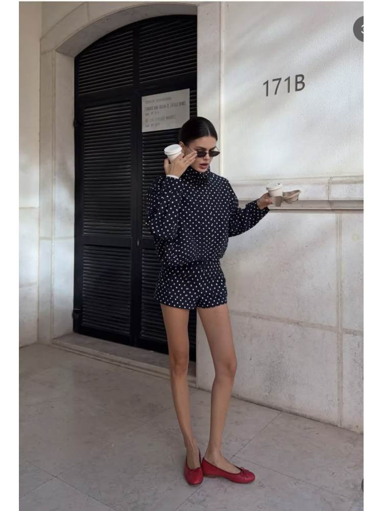 Polka Dot Zipper Jacket & Shorts Set - Taydiane