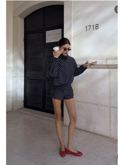 Polka Dot Zipper Jacket & Shorts Set - Taydiane