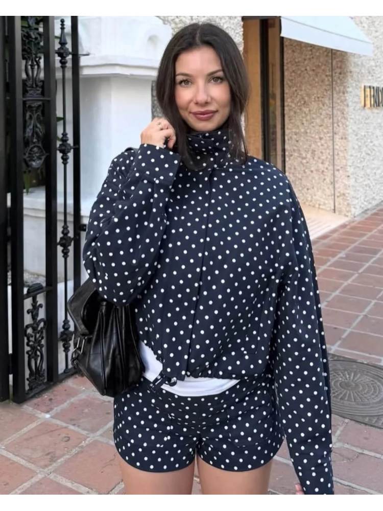 Polka Dot Zipper Jacket & Shorts Set - Taydiane