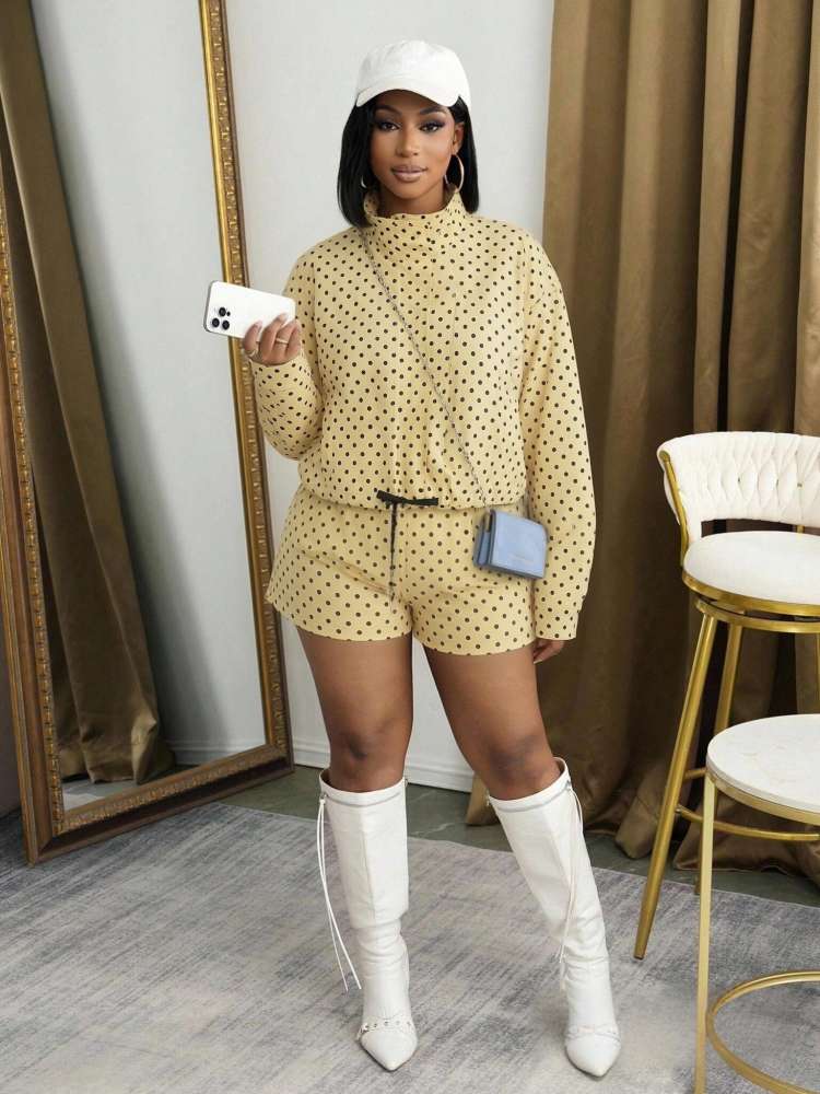 Polka Dot Zipper Jacket & Shorts Set - Taydiane