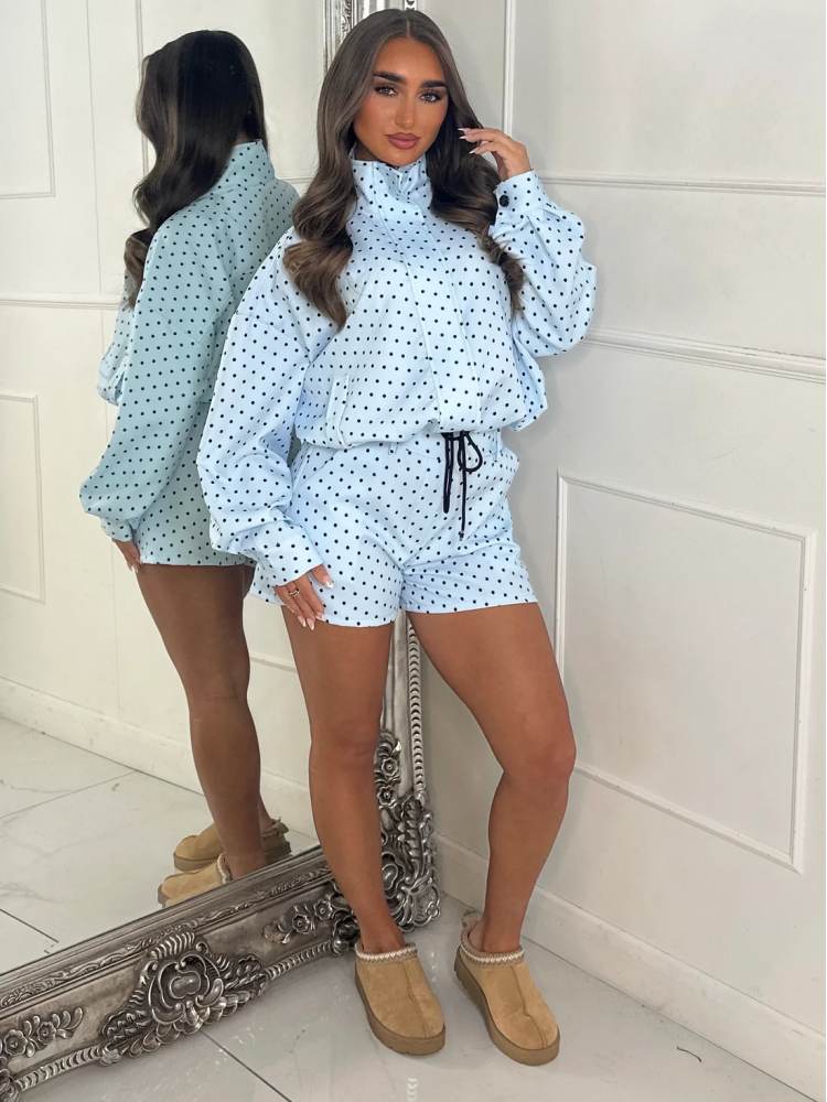 Polka Dot Zipper Jacket & Shorts Set - Taydiane
