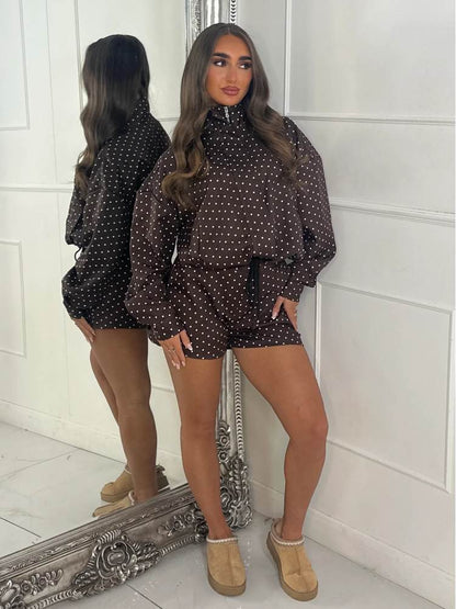 Polka Dot Zipper Jacket & Shorts Set - Taydiane
